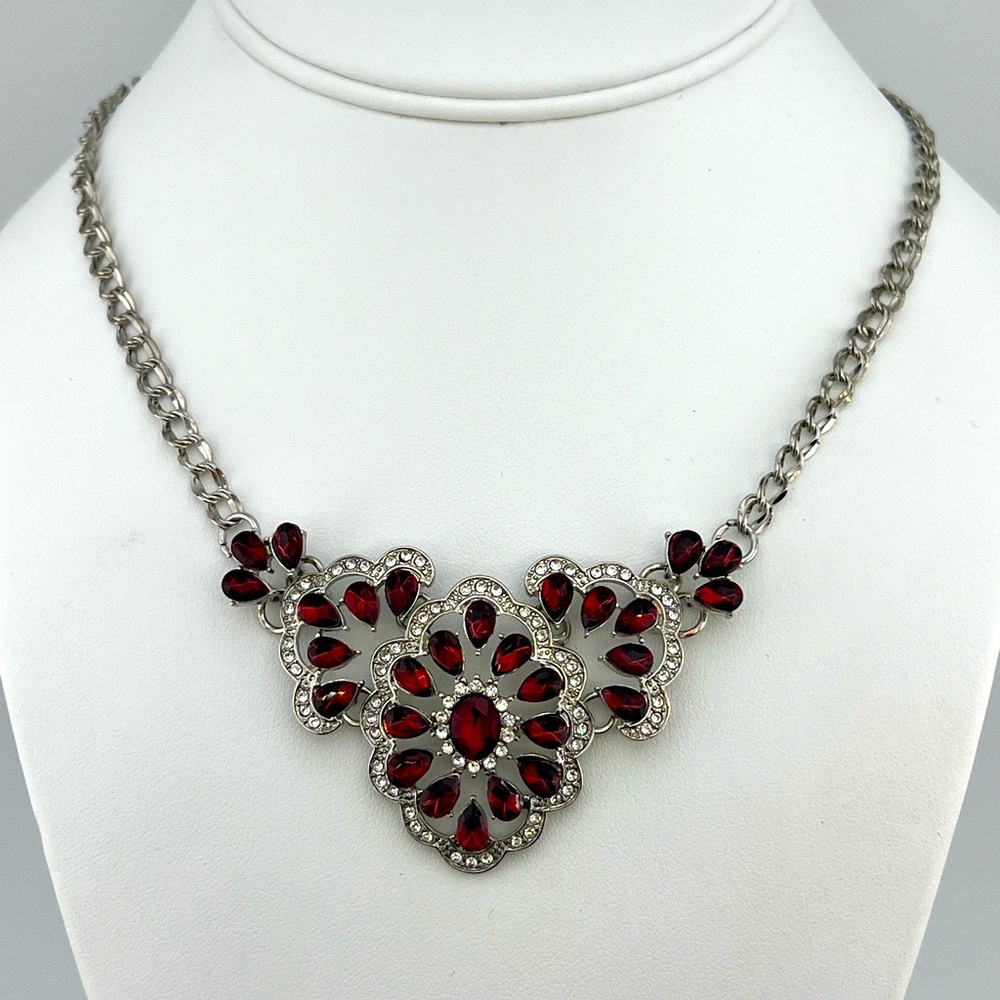 Elegant Silver Toned  and Red Rhinestone Necklace